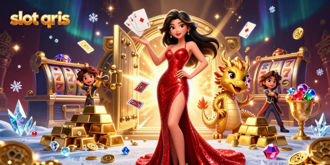 Play slots quickly with slot qris in a vibrant casino scene filled with treasures and excitement.