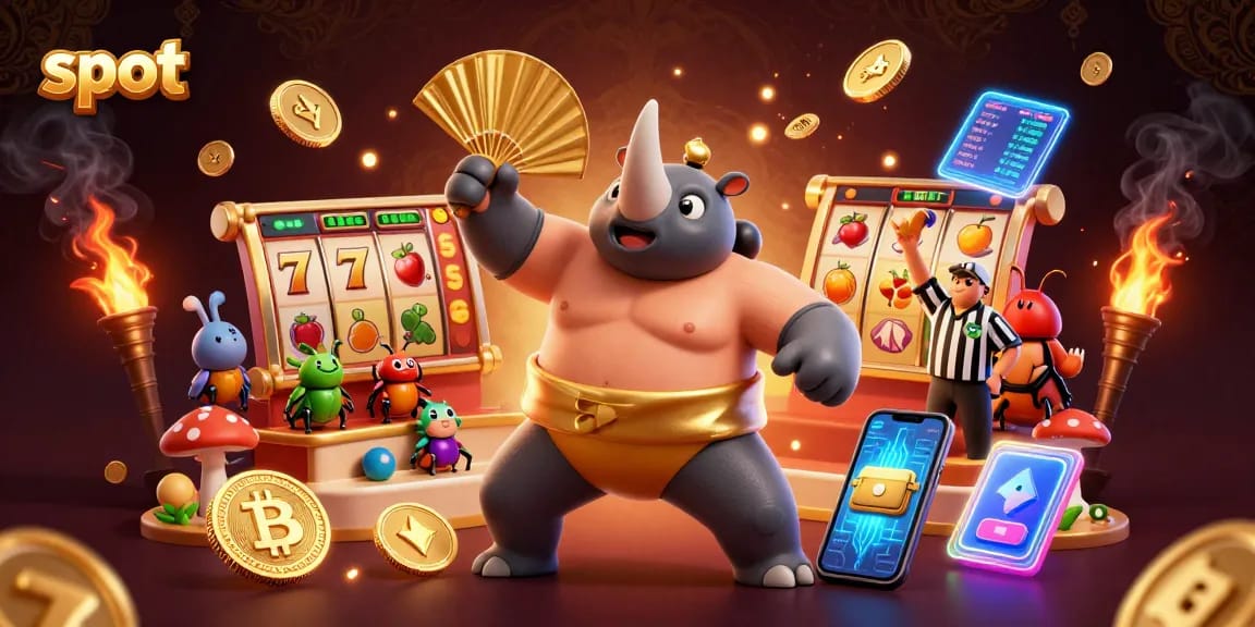 Experience thrilling slot action with dazzling coins, beetle champions, and vibrant crypto elements.