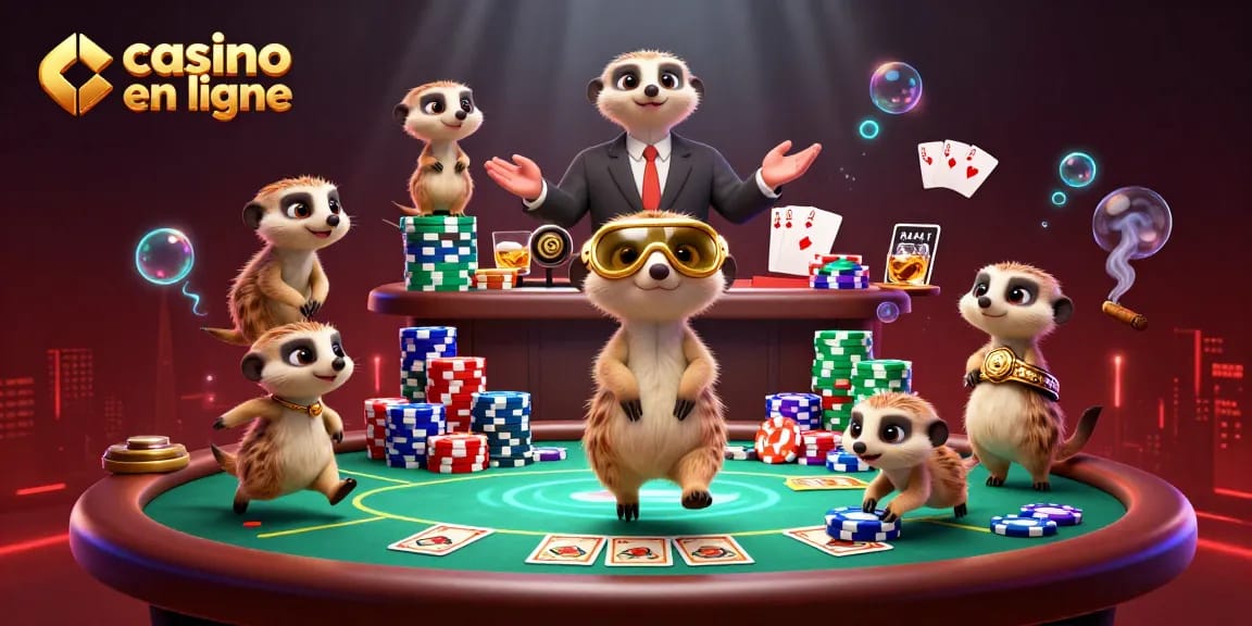 Exploitez votre opportunité de casino en ligne avec une illustration engageante de suricates jouant aux cartes.