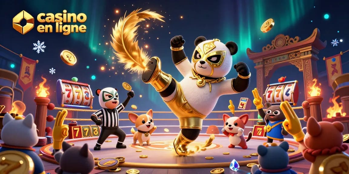Un panda professionnel en lutte et un chihuahua arbitre célébrant le casino en ligne avec des éléments de jeu.