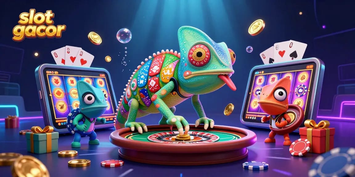Menang mudah dengan slot gacor, chameleon kasino berwarna cerah dan koin emas berterbangan.