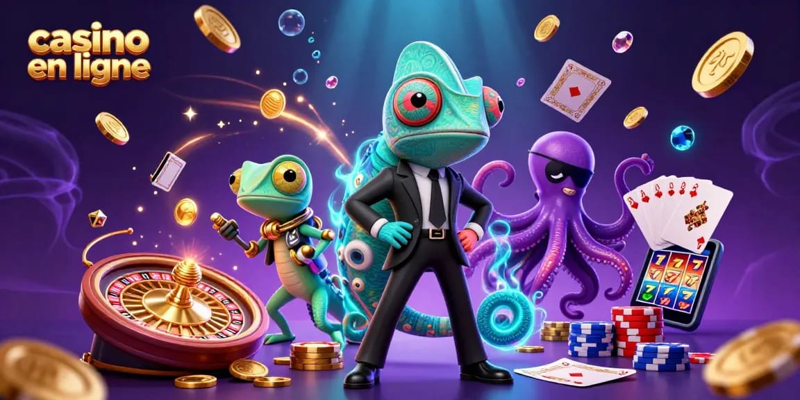 Un caméléon agent secret en costume noir changeant de couleur, entouré de pièces d'or et de jeux de casino en ligne.