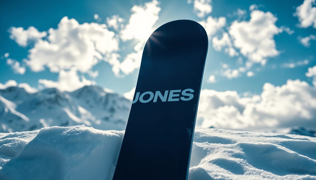 JONES SNOWBOARDS showcased against a snowy mountain backdrop with bright sunlight reflections.