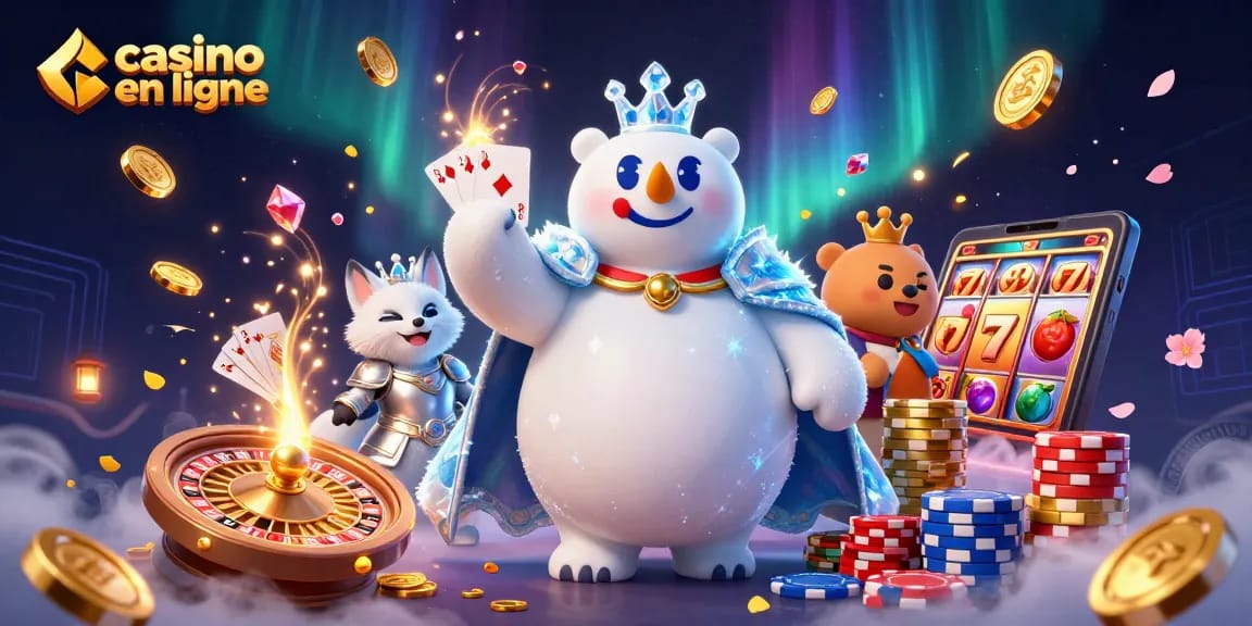 Illustration dynamique d'un ours polaire royal jouant au casino en ligne avec des pièces d'or et des cartes.