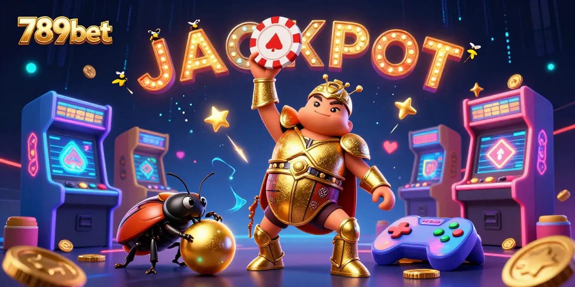Engage with 789bet's vibrant 3D illustration showcasing a beetle hero triumphing with casino elements.
