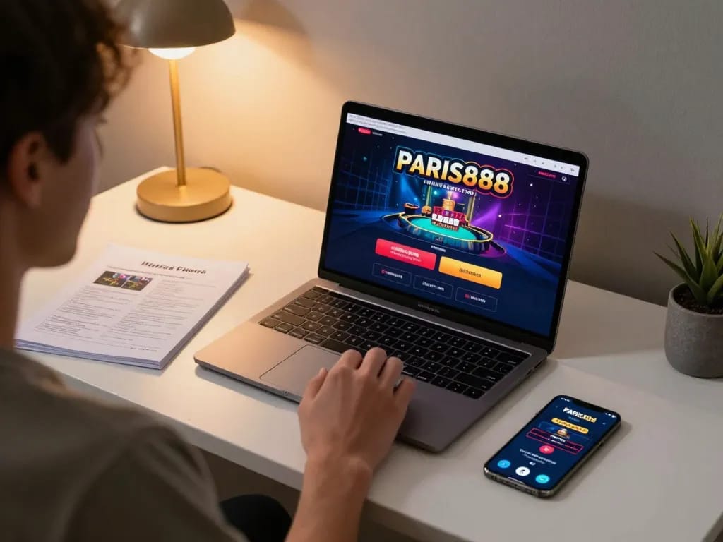 Engage with the Paris888 platform while managing your strategy notes in a modern gaming setup