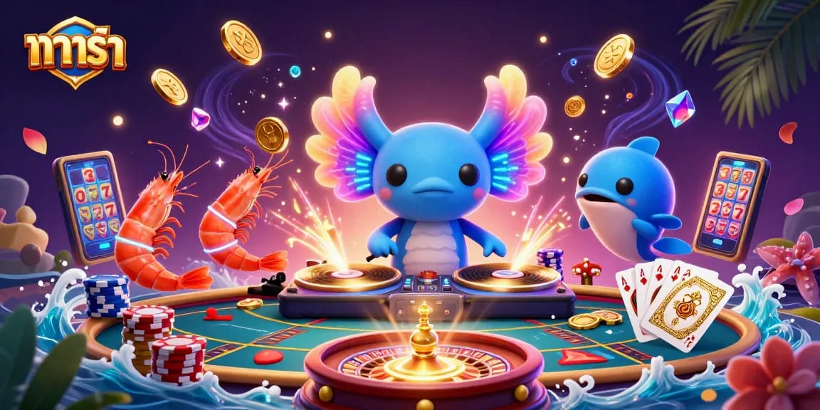 Baccarat table featuring vibrant cartoon characters, including an axolotl DJ, creating a lively casino scene...
