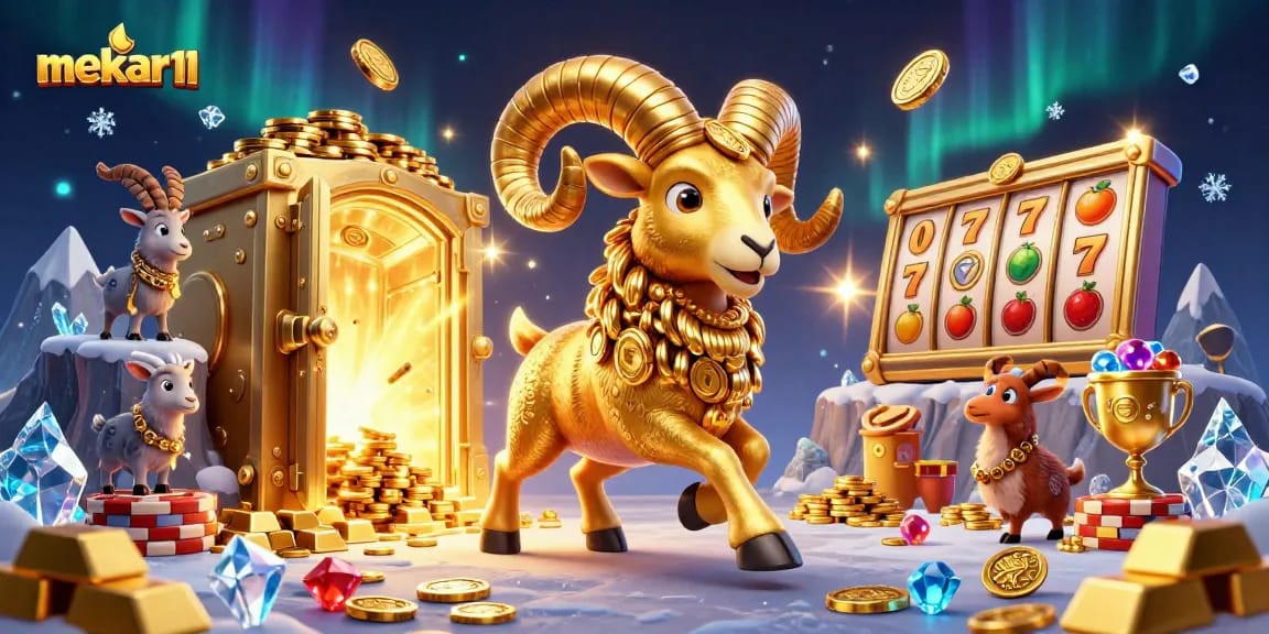 Experience mekar11's thrilling casino slots in a vibrant 3D illustration filled with gold and excitement.