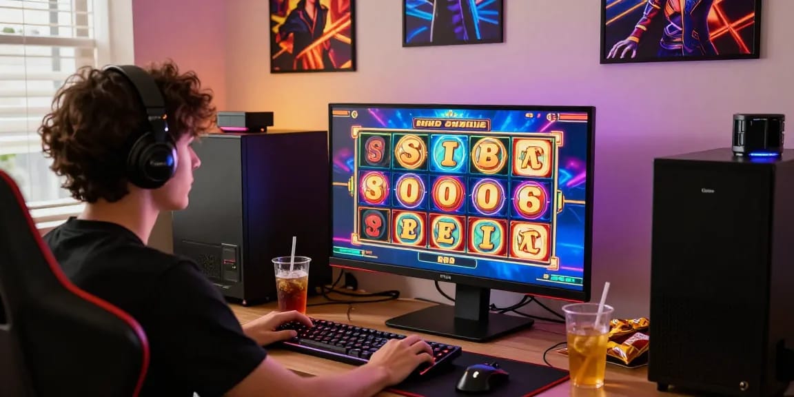 Exciting scene of a player enjoying a slot game with vibrant graphics and a cozy gaming setup.