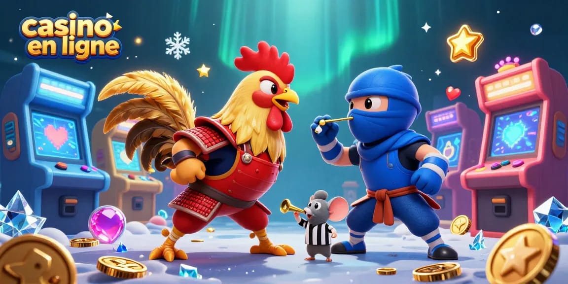 Affrontez les meilleurs dans le casino en ligne avec des coqs combattants en 3D et des éléments de jeu colorés.