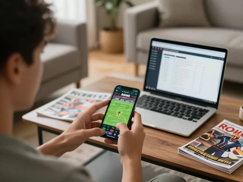 Player engaging in tin soi kèo on smartphone using sports betting app in cozy living room.