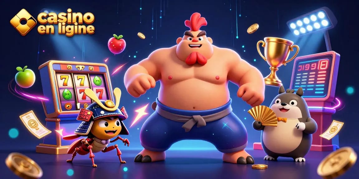 Jouez à casino en ligne avec des personnages animés et des éléments de machines à sous dynamiques dans une illustration colorée.