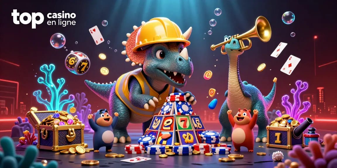 Jouez dans un top casino en ligne avec des personnages animés célébrant autour de jeux et de jetons de poker.