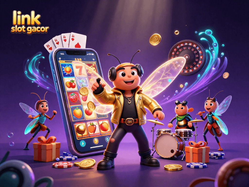 Experience the excitement of link slot gacor with dynamic characters celebrating big wins in a colorful casino scene.