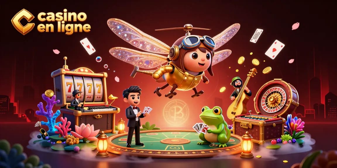Illustration dynamique de casino en ligne avec un pilote de libellule, un croupier grenouille, et des musiciens.