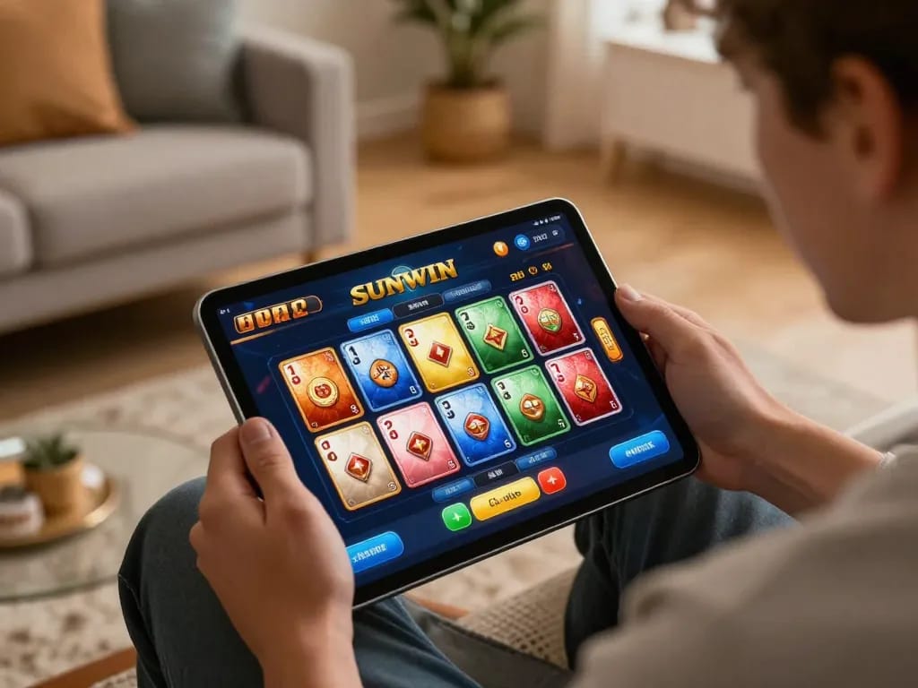 SUNWIN player immersed in online gaming, showcasing a vibrant casino app interface in a cozy home setting.
