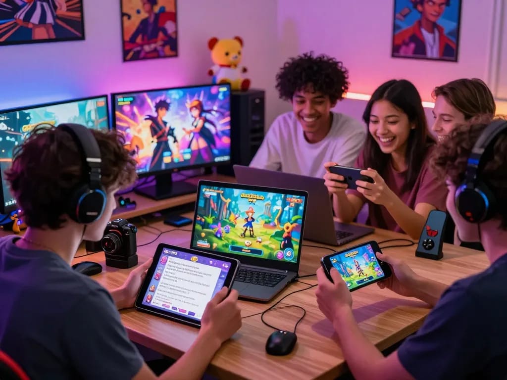 Friends enjoying free sex games on various devices in a cozy game room.