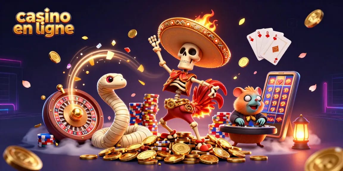 Illustration colorée mettant en scène le casino en ligne avec un rooster mariachi et des éléments de jeu énergétiques.
