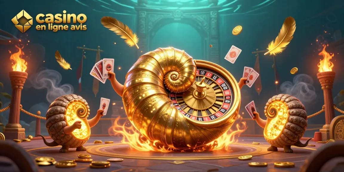Visuel captivant pour casino en ligne avis, avec un nautilus géant et des éléments de jeu dynamiques.