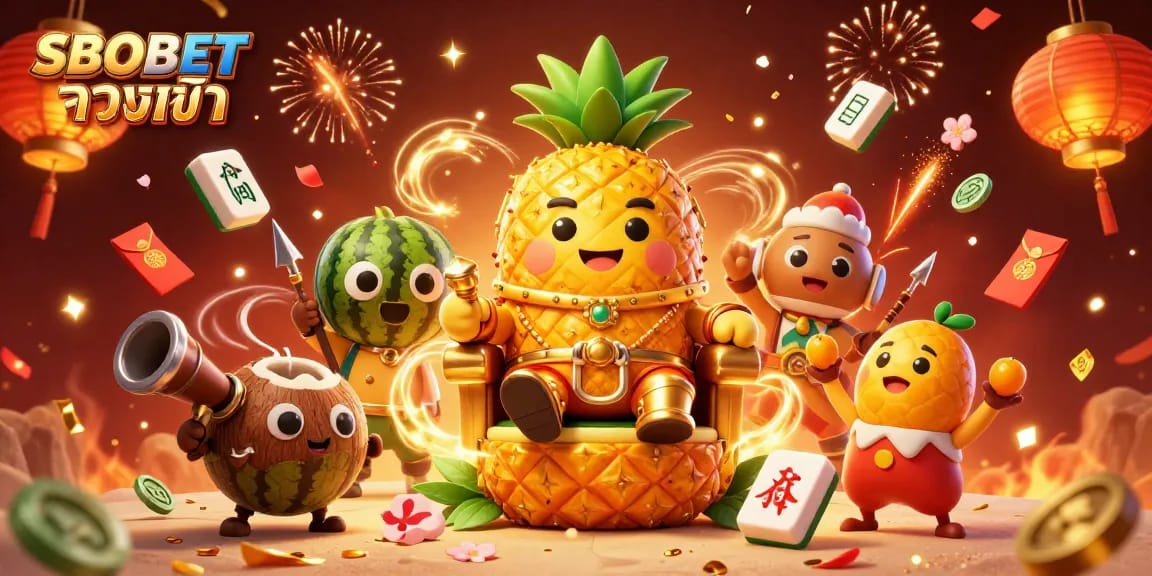 Experience the excitement of SBOBET ทางเข้า with the golden pineapple king and vibrant casino elements in a stunning illustration.
