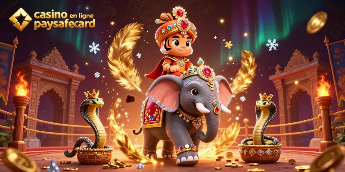 Visitez un casino en ligne paysafecard et découvrez l'animation d'un tigre maharaja avec un éléphant dans une scène captivante.