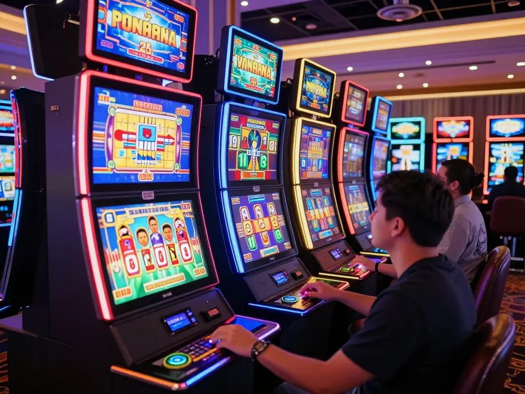 Players enjoying สล็อต gameplay on colorful slot machines in a lively casino atmosphere.