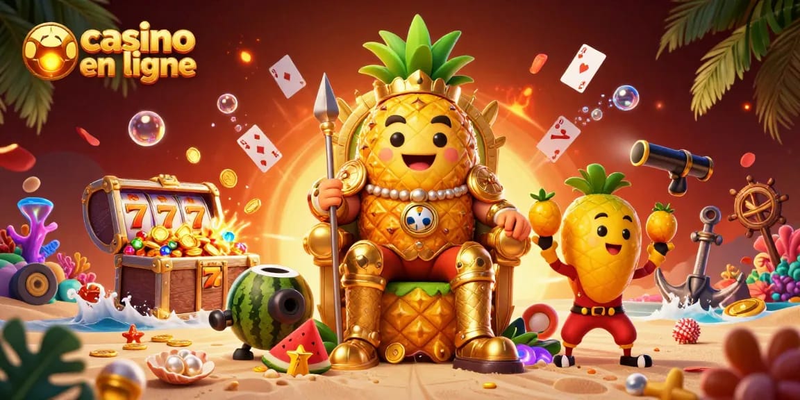 Vivez l'expérience unique d'un casino en ligne avec le roi des ananas et ses gardes apportant des richesses tropicales.