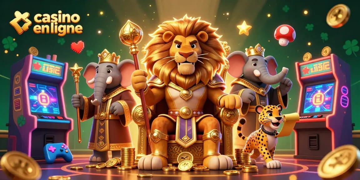 Illustration dynamique de casino en ligne avec un lion roi, un éléphant sage et un guépard, entourés de machines à sous et de jeux colorés.