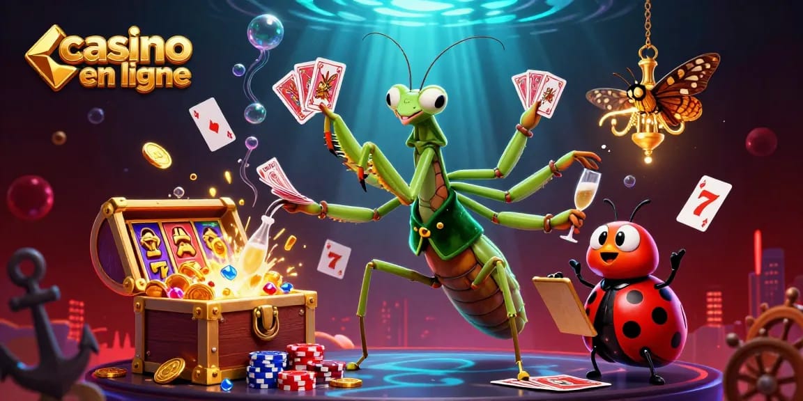 Jouez au casino en ligne avec ce mante religieuse géante et une coccinelle dans une scène dynamique