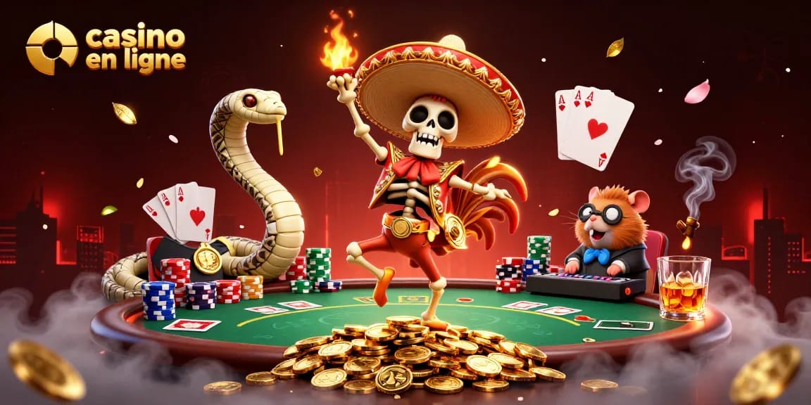 Illustration dynamique de casino en ligne avec un personnage principal dans une ambiance festive, entouré de jetons de poker colorés.