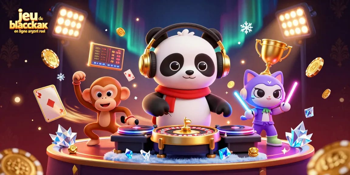 Jouer au jeu de blackjack en ligne argent réel dans une scène animée colorée et festive.