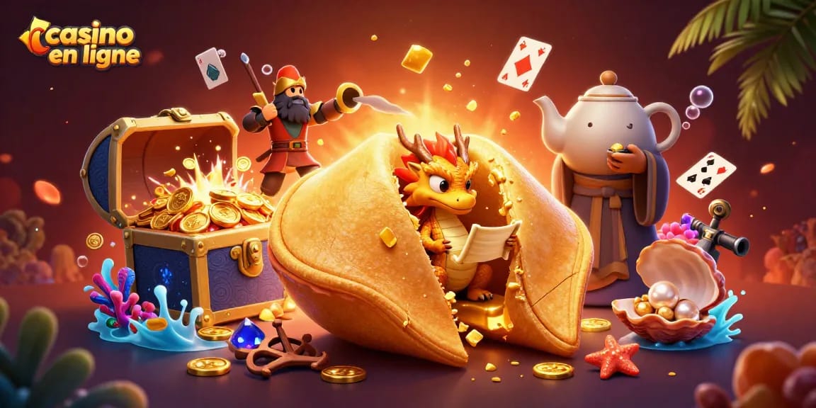 Visuel riche pour un casino en ligne, mettant en scène un dragon sage et des éléments de jeu.