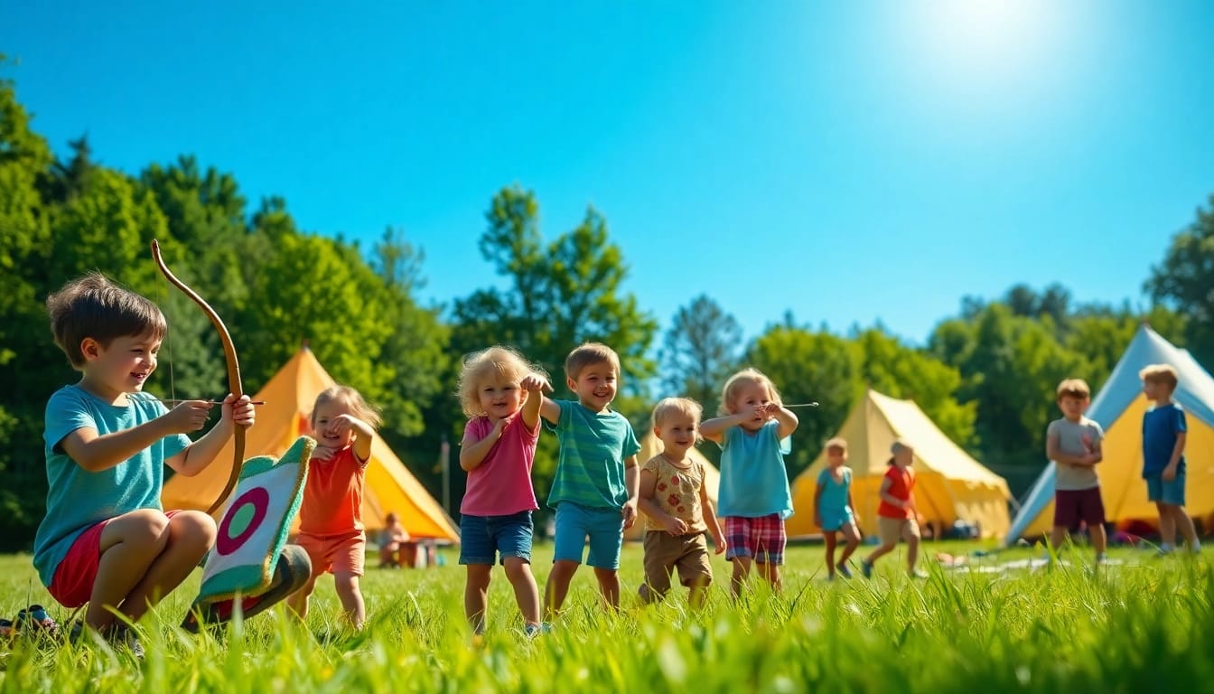 Children enjoying fun activities at a summer kids camp surrounded by nature.