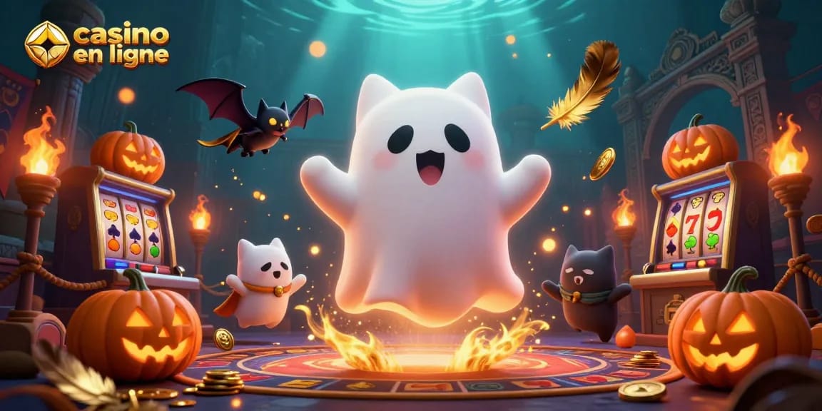 Le fantôme d'un chat et une chauve-souris dans un casino en ligne mystérieux, illustrant des bonus captivants.