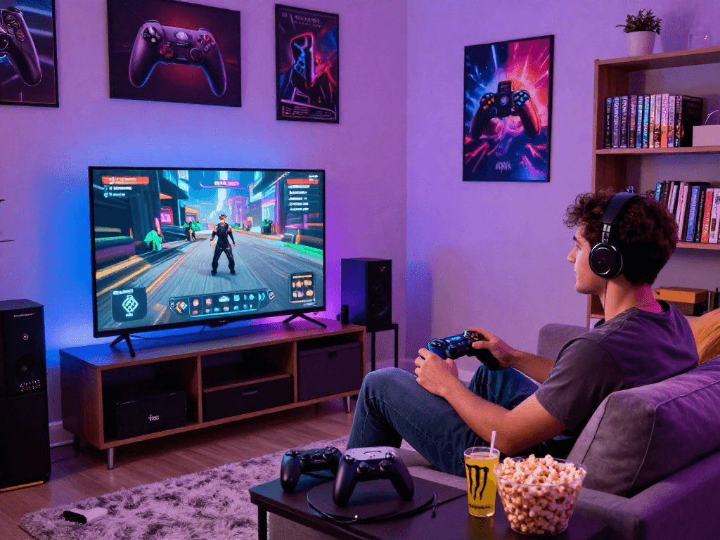Engaged player enjoying an adult game in a cozy gaming lounge with vibrant lighting.
