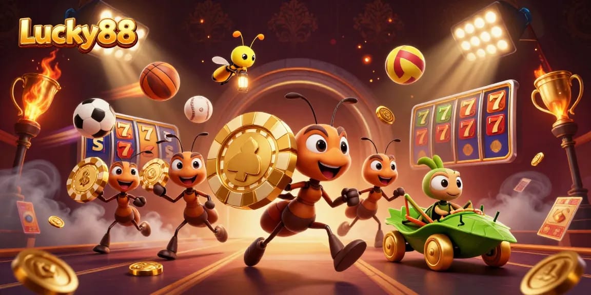 Lucky88 ants in a heist, carrying a giant poker chip with dynamic gaming elements.