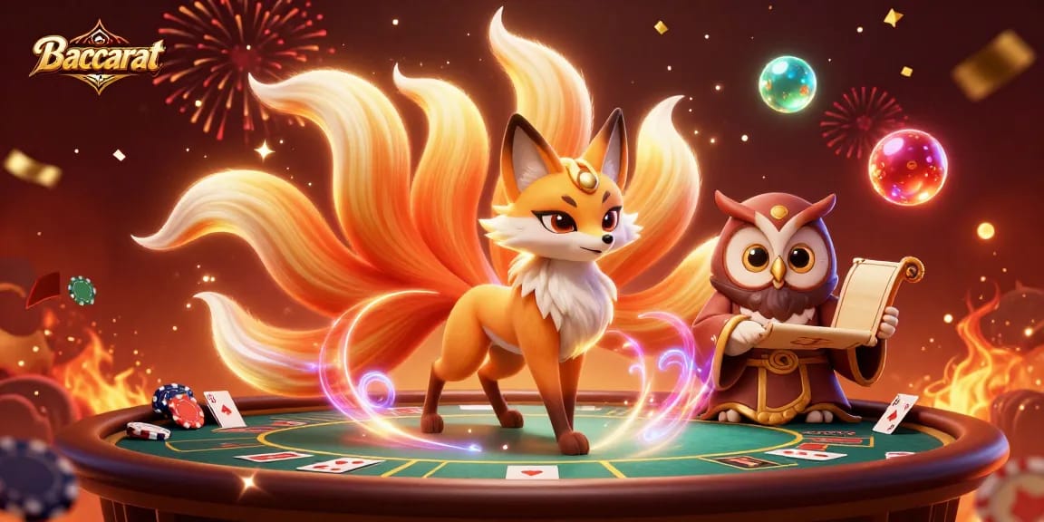 Baccarat gameplay scene with a colorful nine-tailed fox and wise owl, surrounded by cards and chips.