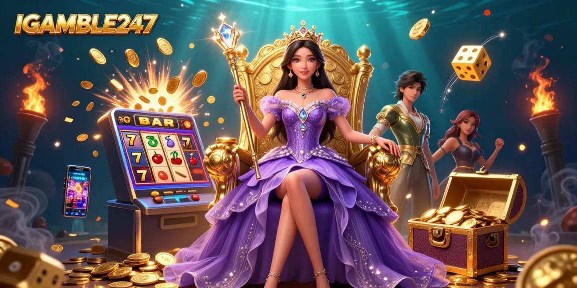 Catch the excitement at IGAMBLE247 with a vibrant illustration of a dazzling slot machine and winning symbols.