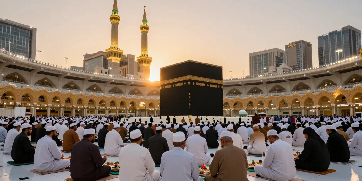 Umroh Ramadhan experience at Masjidil Haram, showcasing diverse pilgrims gathering, enjoying Iftar together in the heart of Islamic culture.