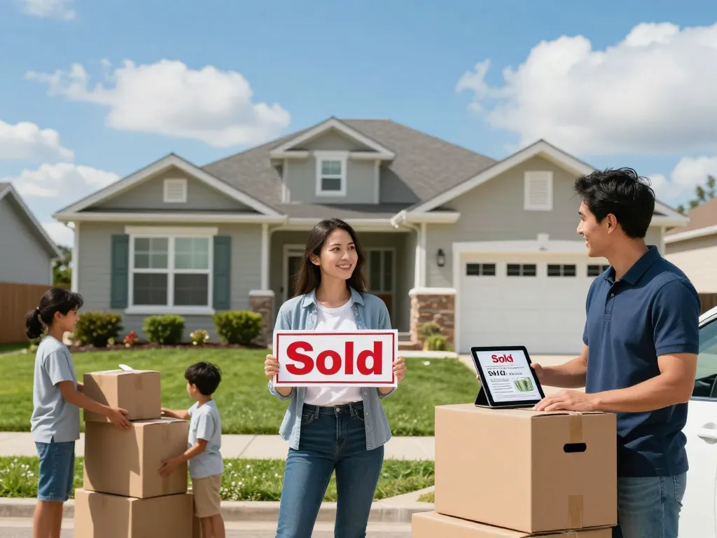 Sell my house fast for cash with a happy homeowner holding a Sold sign and a cash offer on an iPad.