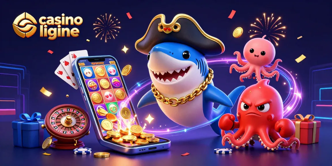 Admirez l'illustration de casino en ligne avec un requin pirate et des symboles de jeu dynamiques.