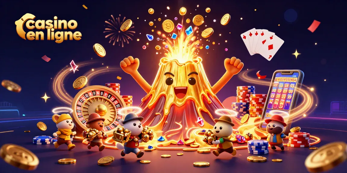 Illustration d'un casino en ligne avec un volcan en or et des explorateurs animaux fuyant avec des trésors.