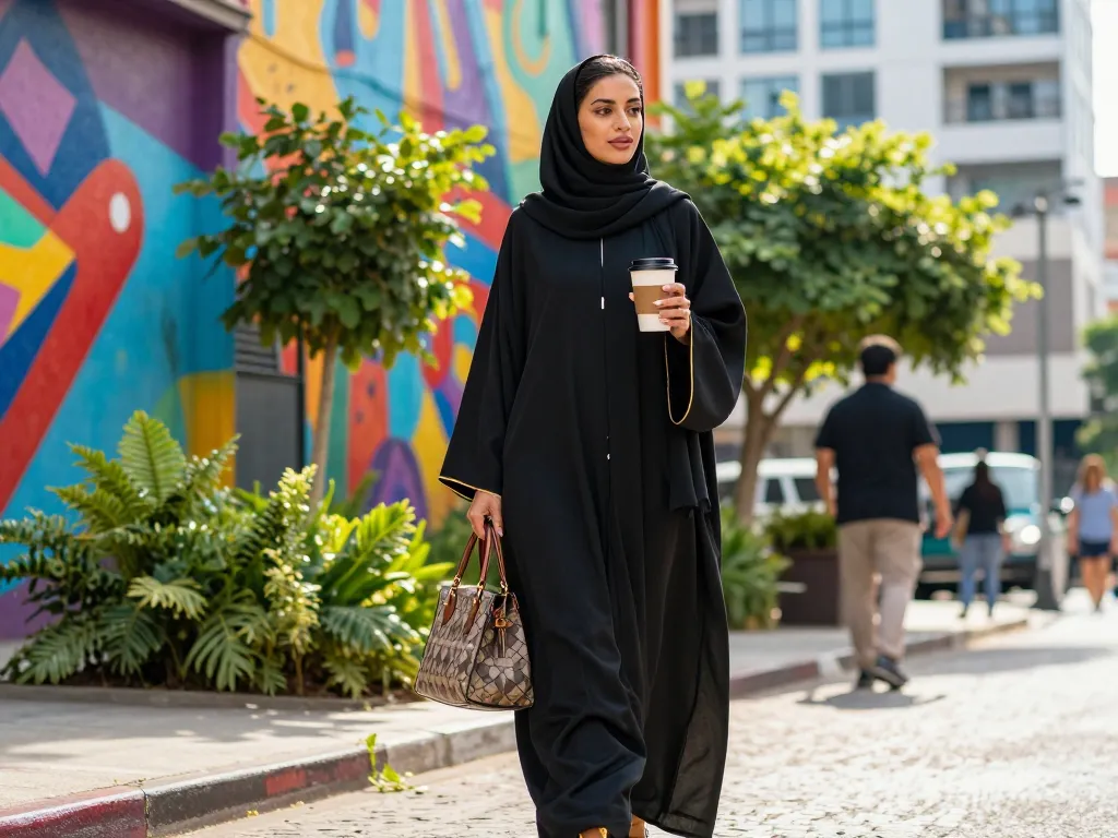 Chic woman showcasing elegant abayas in a vibrant urban environment.