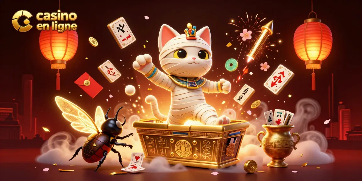 Casino en ligne : une illustration animée d'un chat momie égyptien et d'un scarabée dans un casino bizarre.