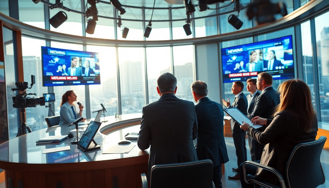 Engaging scene of news journalists collaborating in a modern newsroom