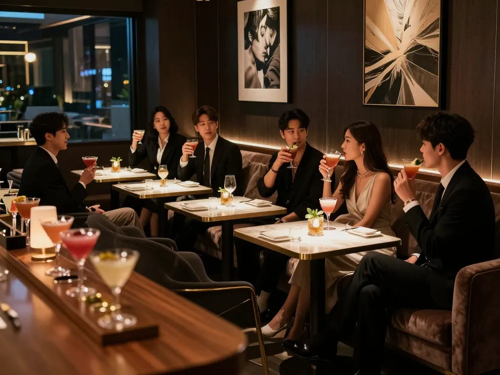 Gangnam쩜오 upscale lounge where guests enjoy cocktails in a stylish setting.