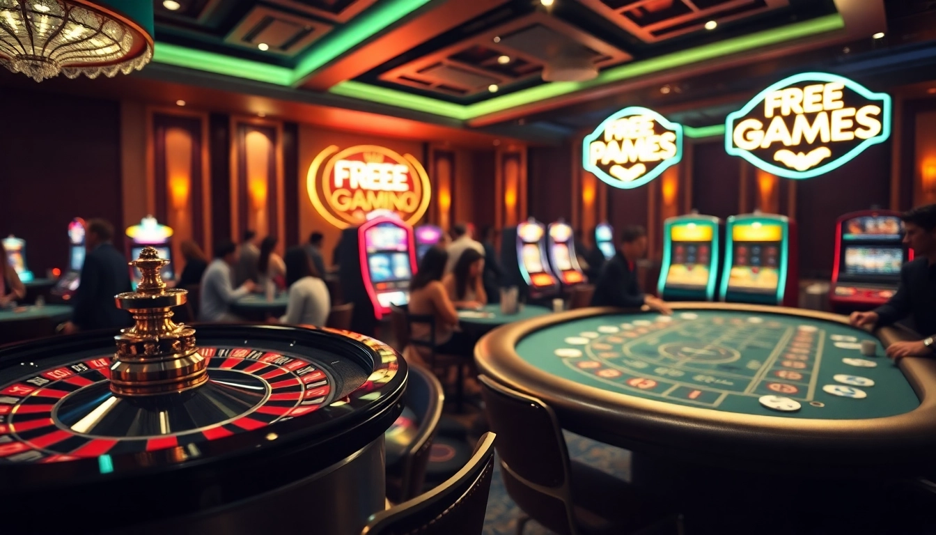 Experience thrilling gameplay with free porn games in this vibrant casino scene showcasing roulette and slots.