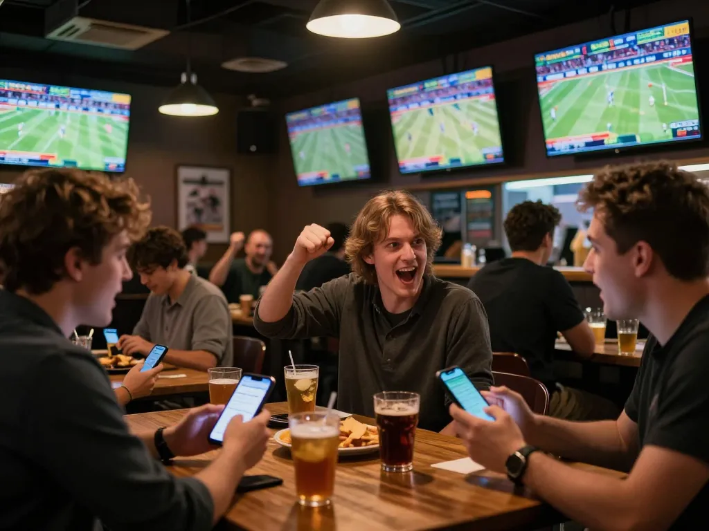 Engaged sports bettors using mobile apps at KP88 in vibrant bar atmosphere, cheering for live games