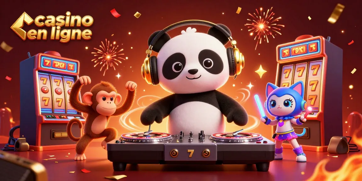 Ce montage captivant présente un panda DJ dans un casino en ligne, entouré d'une ambiance festive et de machines à sous.