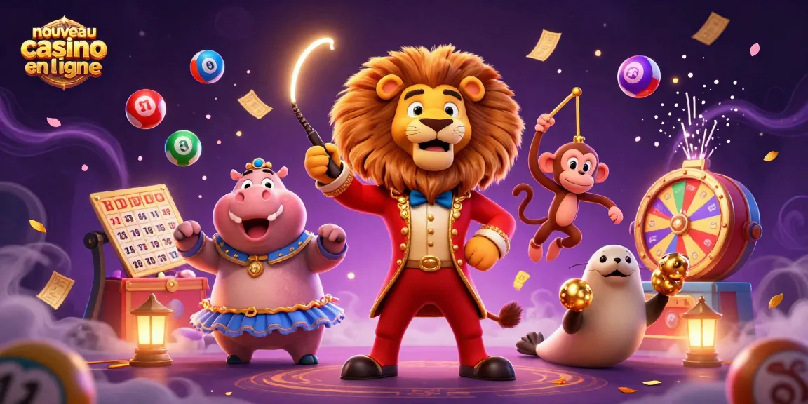 Jouez au nouveau casino en ligne avec cette illustration dynamique d'un lion maître de cérémonie et ses amis animaux.